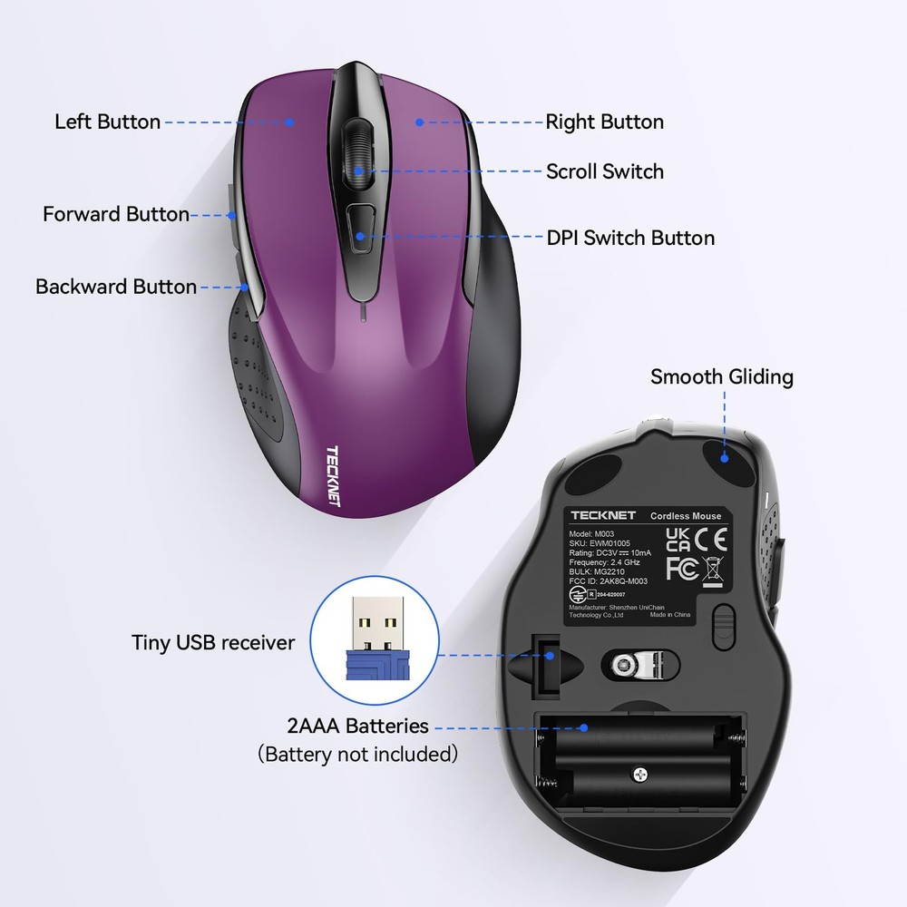 Tecknet Wireless Mouse, 2.4G Ergonomic Optical Mouse, Computer Mouse F
