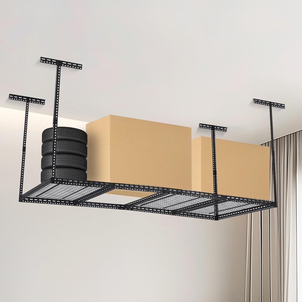 4X8FT Overhead Garage Storage Rack Ceiling Mounted Shelving w/6Vertical Posts