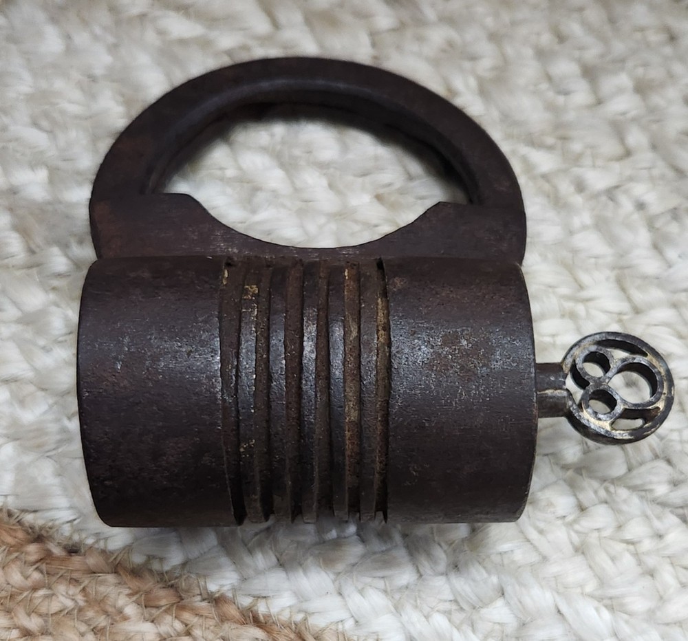 Collectible Old Iron Spring System Lock With Key