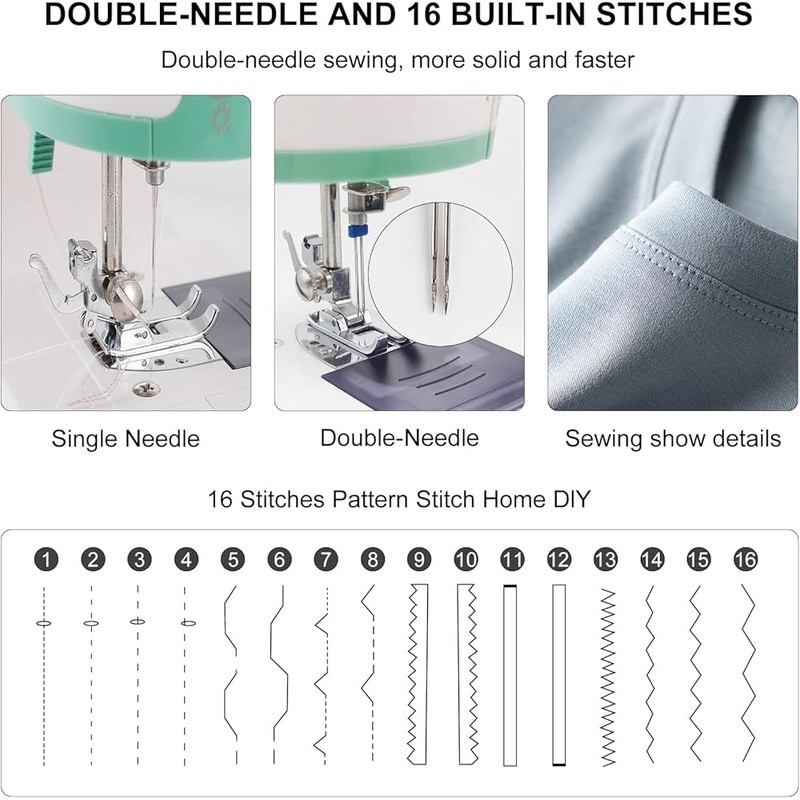 Double Needle Sewing Machine 16 Stitches Reverse LED Light Sewing Accessories US