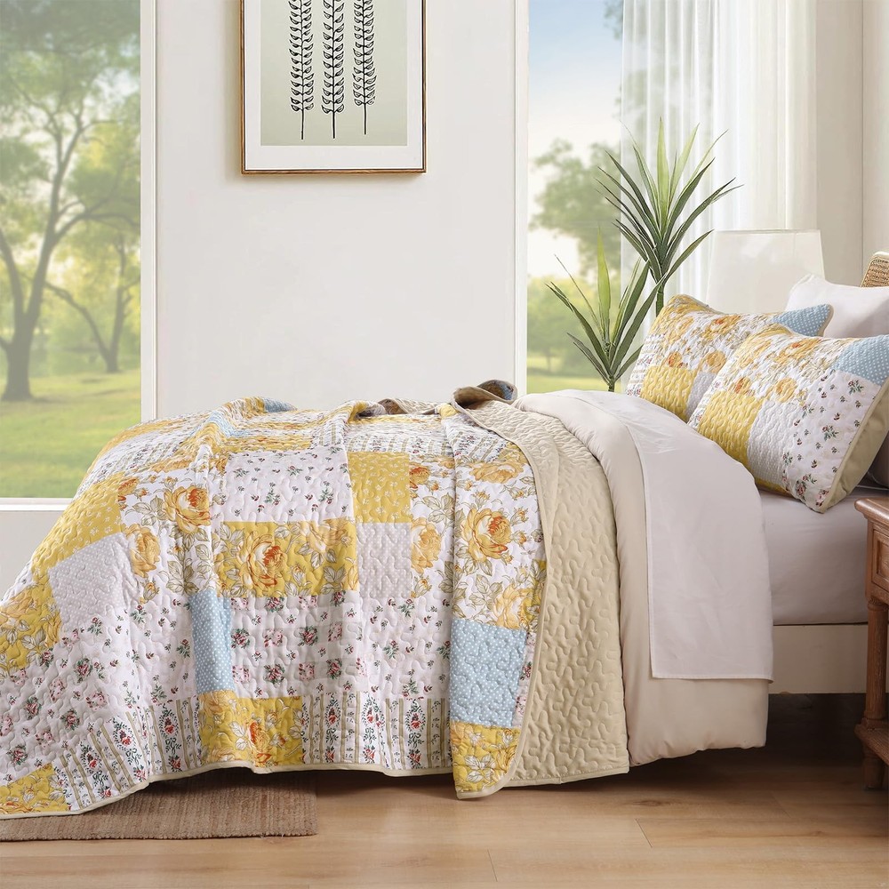 Anibedding Yellow Patchwork Quilt Set Queen Size Boho Floral Queen,