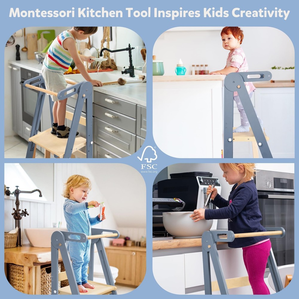 CONKKA Foldable Toddler Kitchen Wood Step Stool w/ Hook - Pre-Assembled