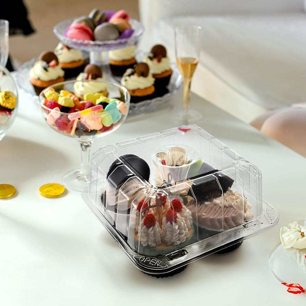 50 Pack Clear Cupcake Box 4 Cavity Plastic Holder Deep Dome Disposable Container