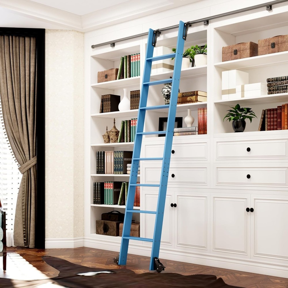 Sliding Library Ladder with Telescopic Top Hook & Bottom Rollers, Blue Ladder