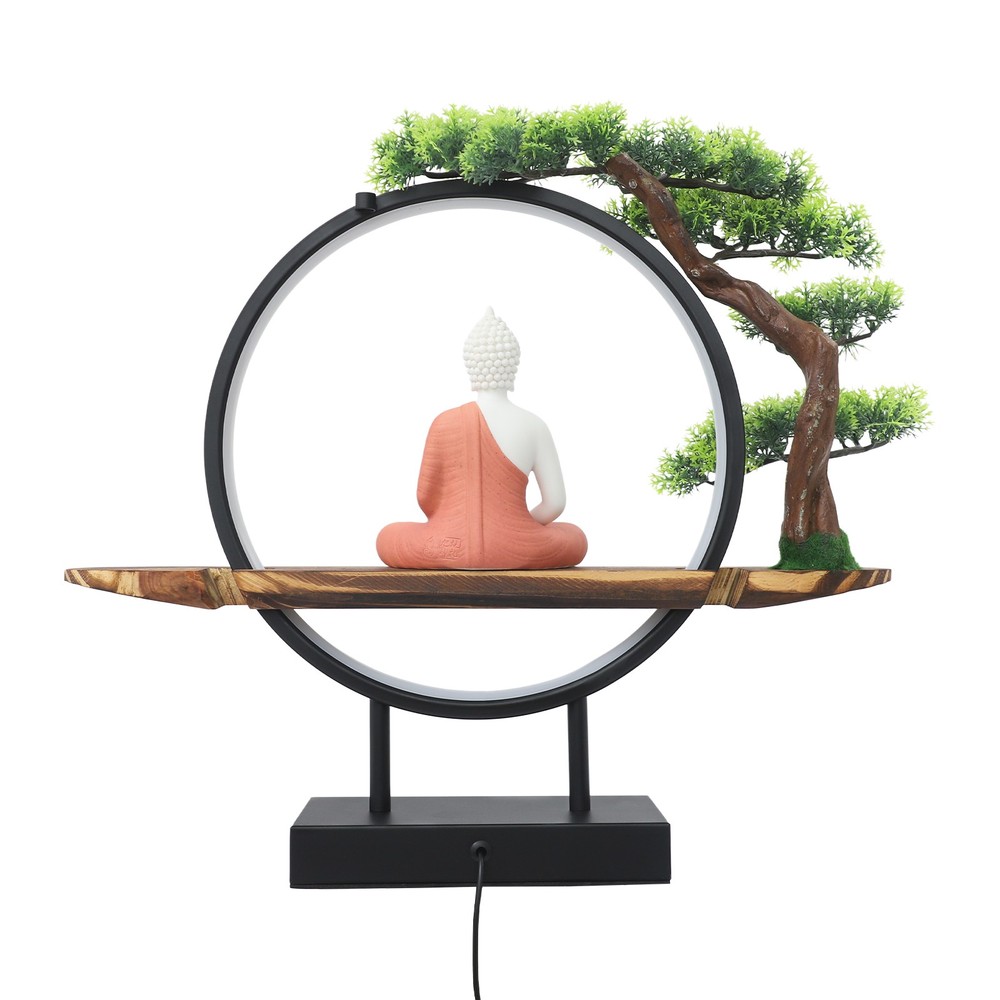 Buddha Statue Circle Lamp Tabletop LED Lighting Light with Green Artificial Tree