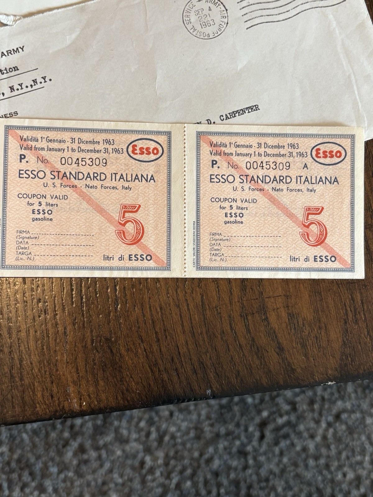 VINTAGE 1963 ESSO-NATO military Gas Coupon ￼U.S /NATO forces ￼ITALY (5liters)