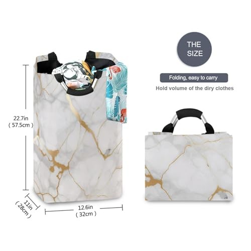 White Gold Marble Texture Laundry Basket Collapsible Laundry Hamper with