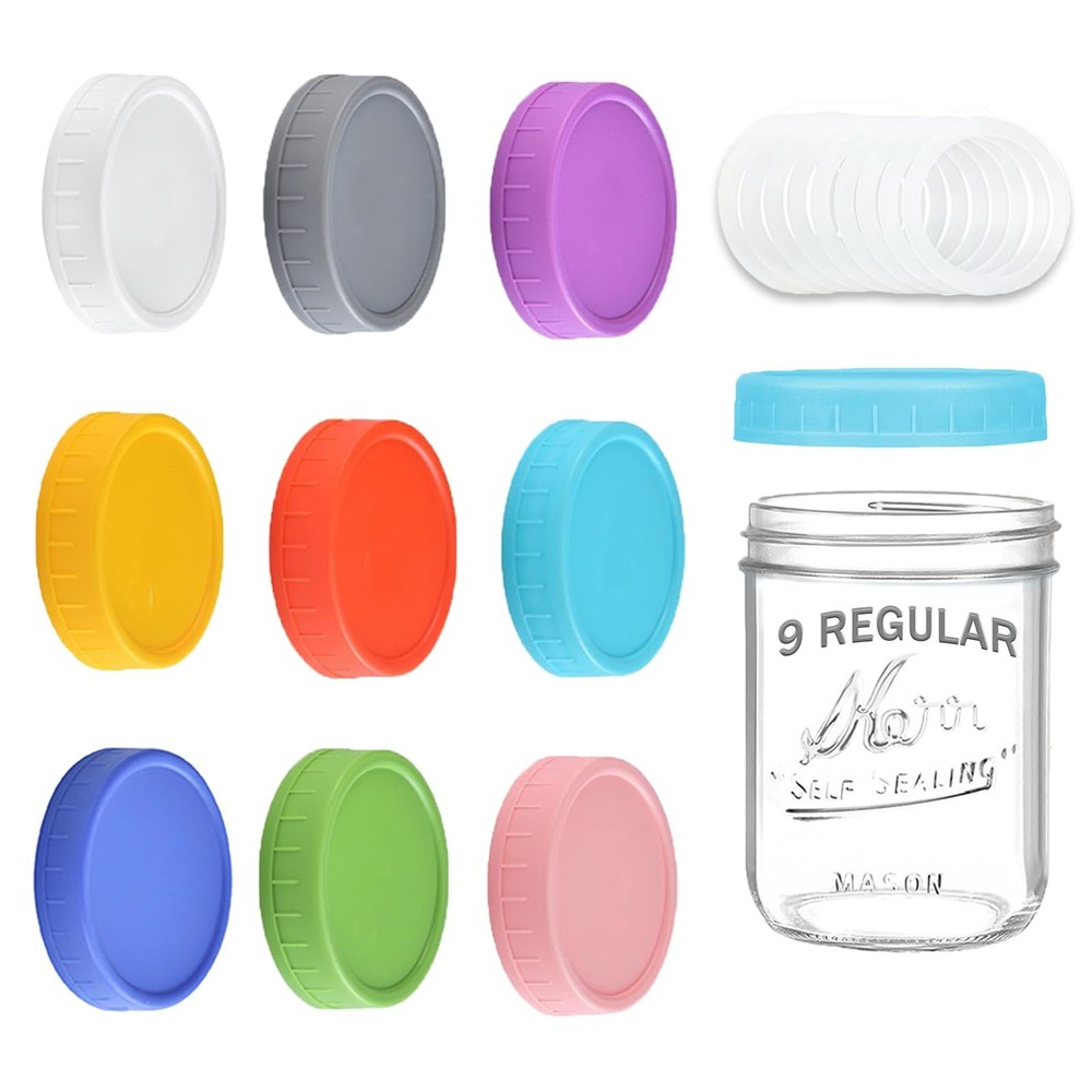 9 Pack Regular Mouth Mason Jar Lids  70mm Colored Plastic Mason Lids with Sil...