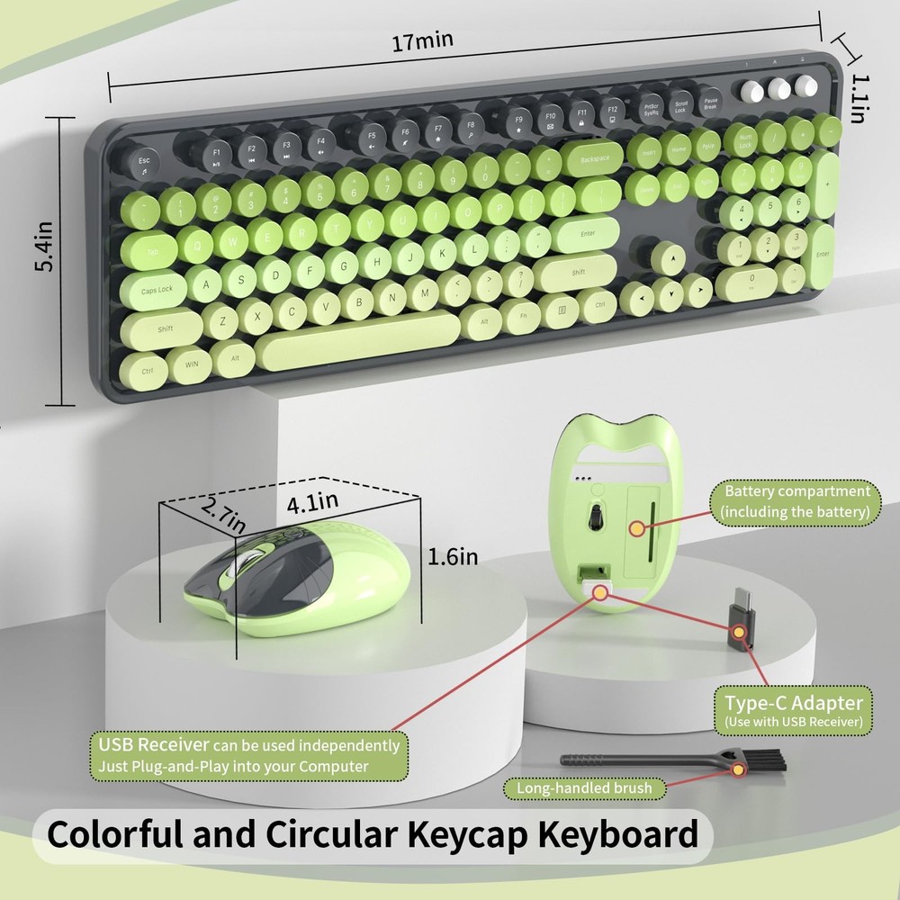 Wireless Keyboard and Mouse Retro Typewriter Round Keycaps Gray Green