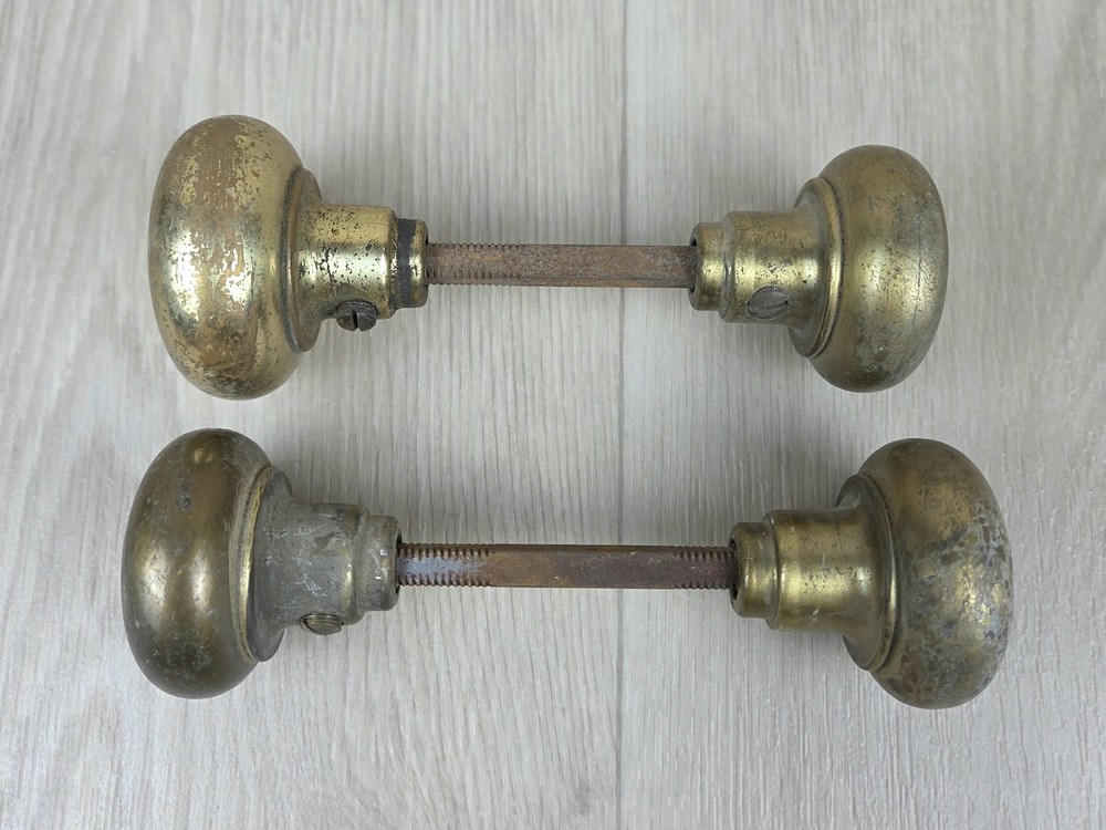 Vintage/Antique BRASS Door Knobs w/ Spindle Round Classic Plain Patina Rustic