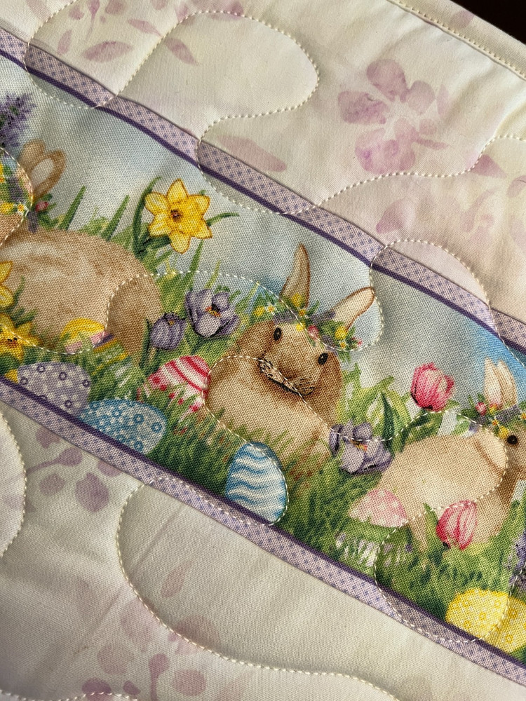 Handcrafted-Quilted Table Runner -Easter - Stripe of Easter Rabbits & Flowers