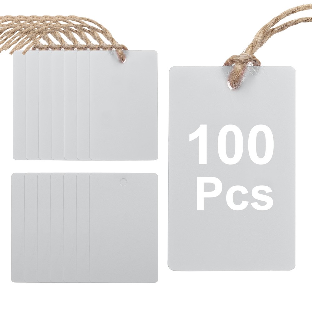 100Pcs Grey Plastic Shipping Tags, 2" x 1" Labeling Tags with Thread & Wire