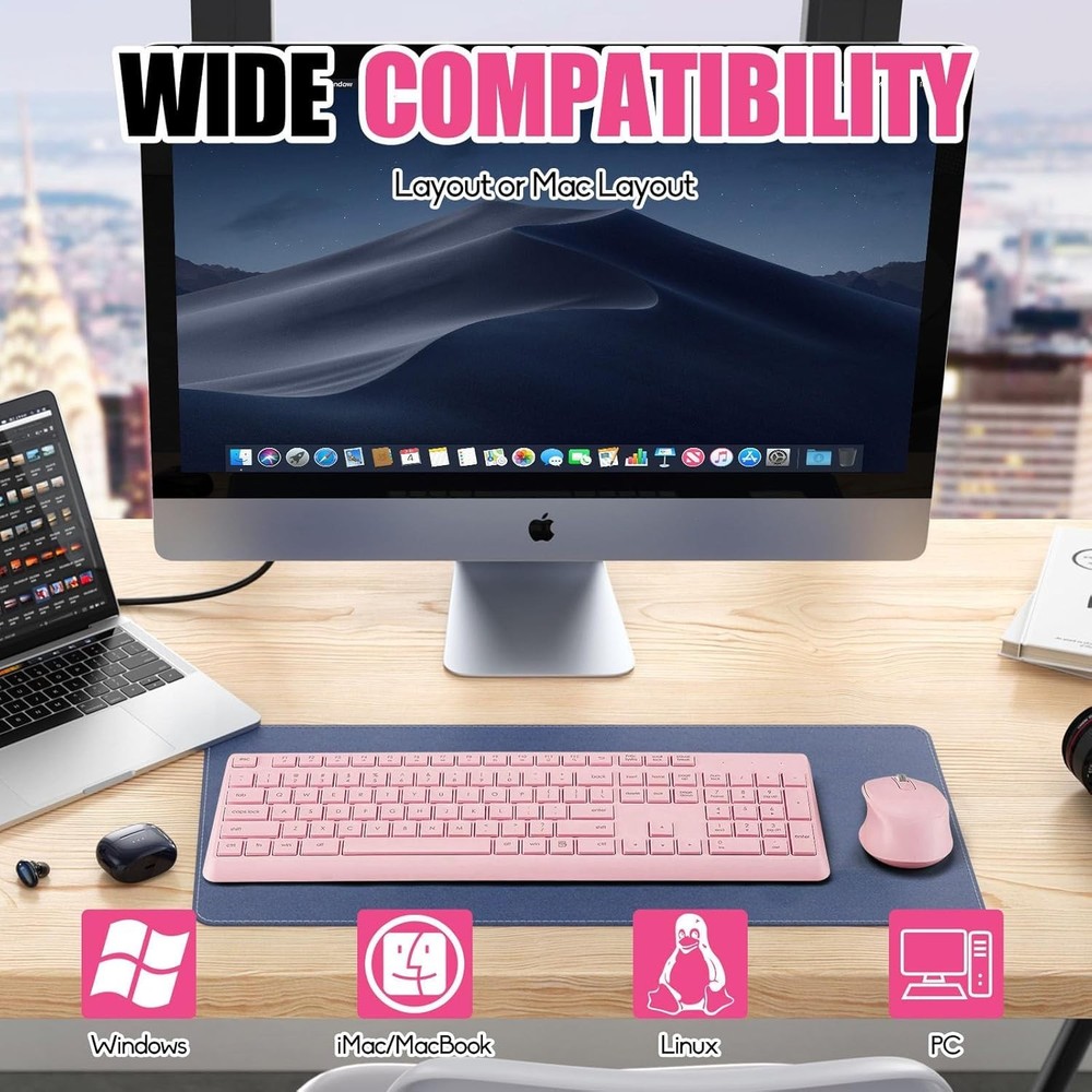 Wireless Keyboard and Mouse Combo, 2.4 GHz Full-Sized Pink