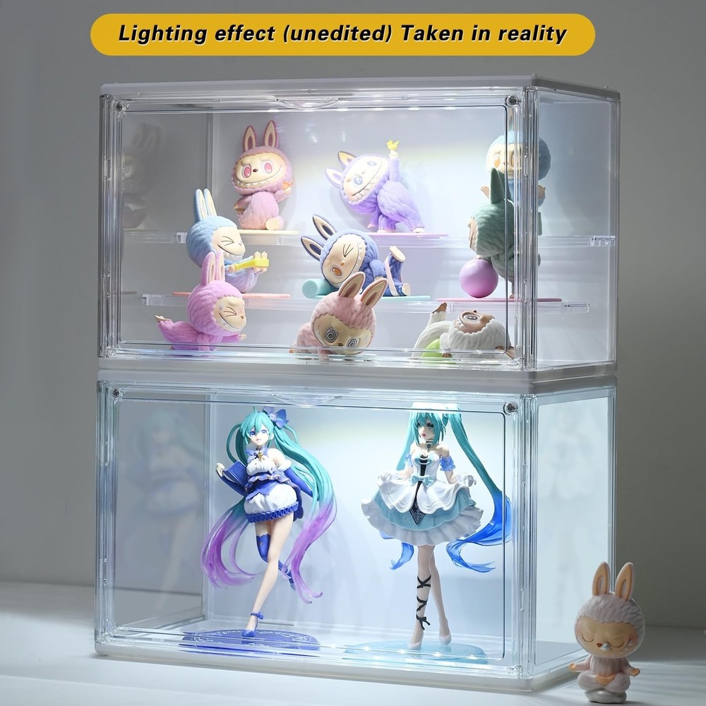 Acrylic Display Case with Light, Clear Showcase with Adjustable Shelf Risers,...