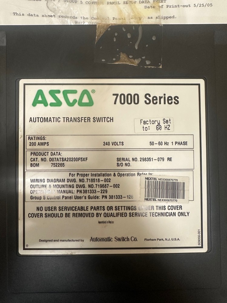 ASCO D07ATSA20200F5XF Automatic Transfer Switch 7000 Series