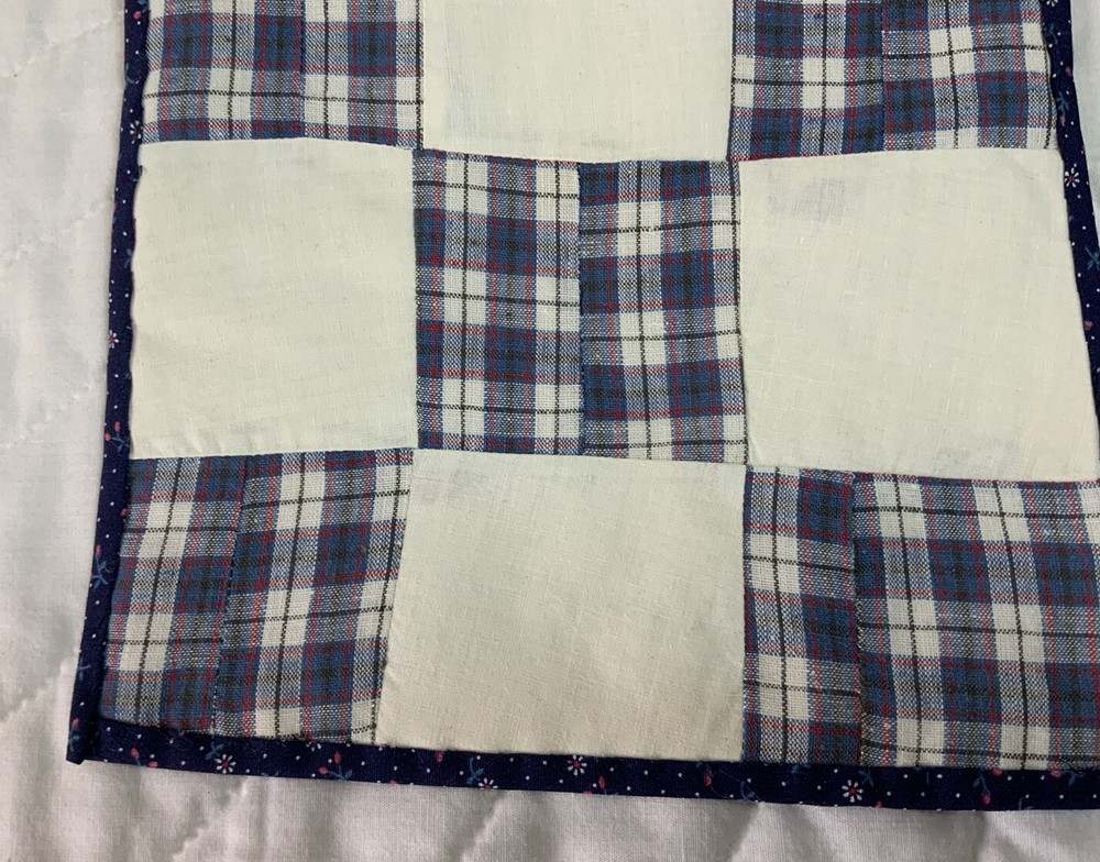 Vintage Patchwork Quilt Table Topper, Nine Patch, Checks, Red, Navy Blue & White