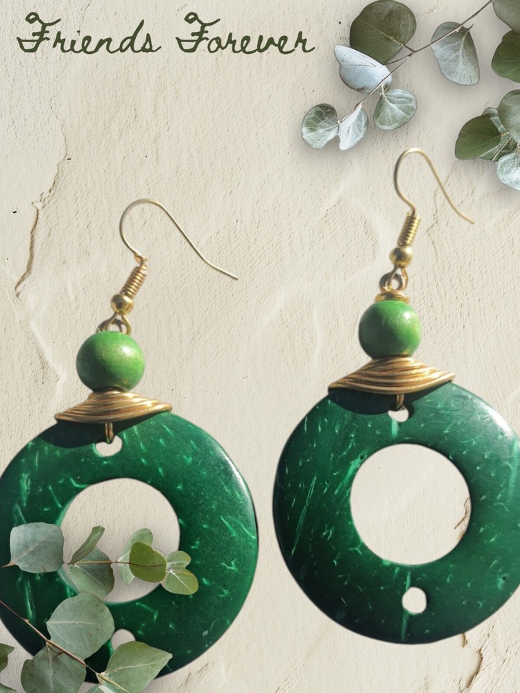 Lady Earrings Green Bone Round Design