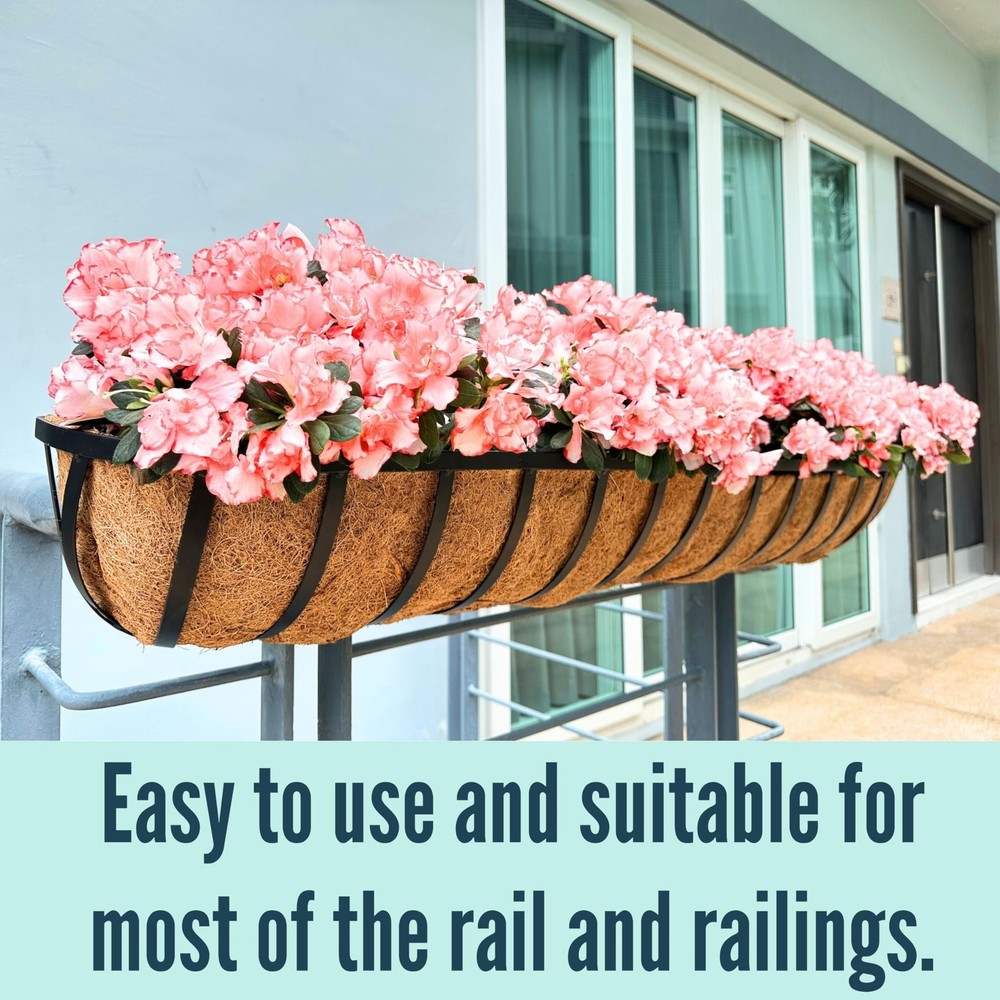 LaLaGreen Railing Planters Box (2 Pack, 30") Black Metal Large Rectangular Wi...