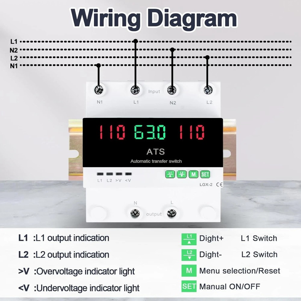 63A 110V Automatic/Manual Generator Transfer Switch, DIN Rail Mount 110V for Gen