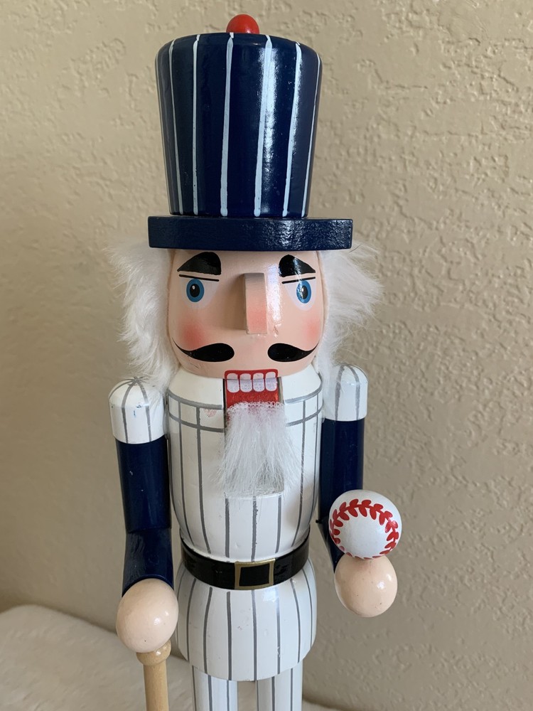 Painted Wood Nutcracker Baseball Themed White Pinstripes 15" Tall