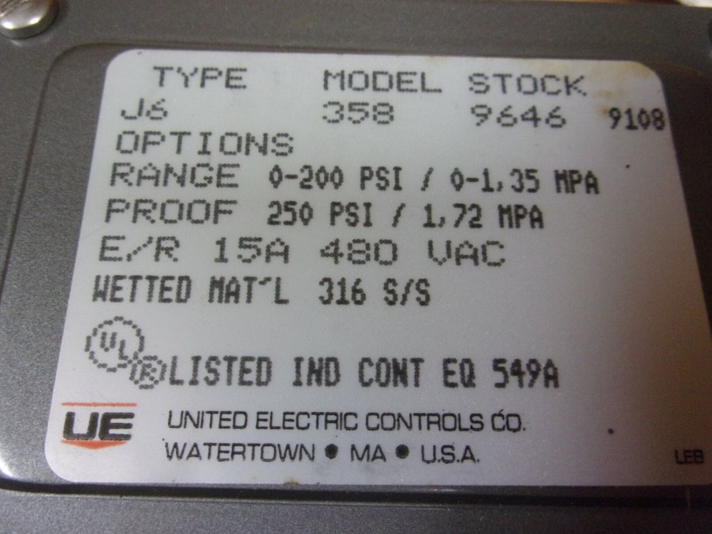 United Electric Model 358 Type J6 Pressure Switch