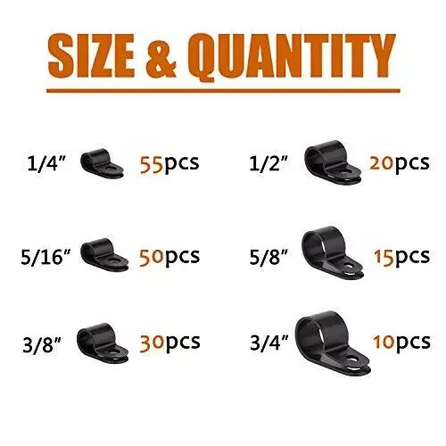 180Pc Nylon Plastic R-Type Cable Clamps Clips Fasteners Assortment Kit for Cable