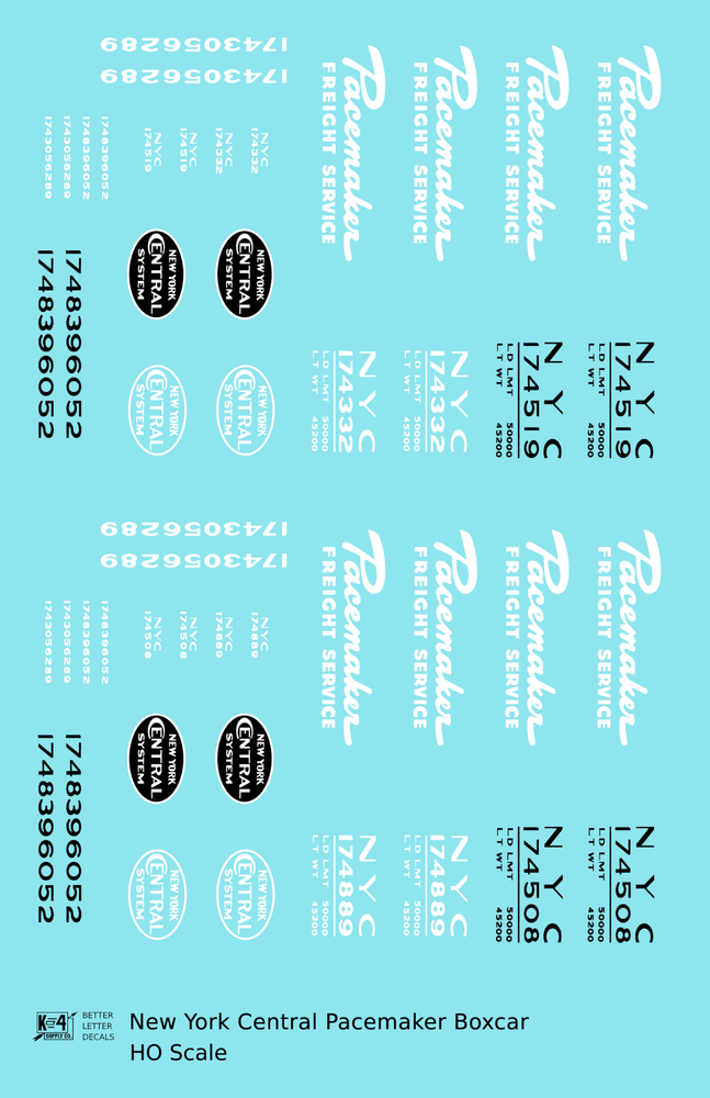 K4 HO Scale Decals New York Central Pacemaker Boxcar