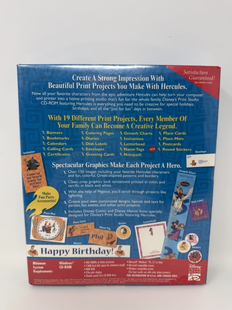 Disney's Print Studio Hercules CD ROM Software Windows 95 Create Banners Diaries