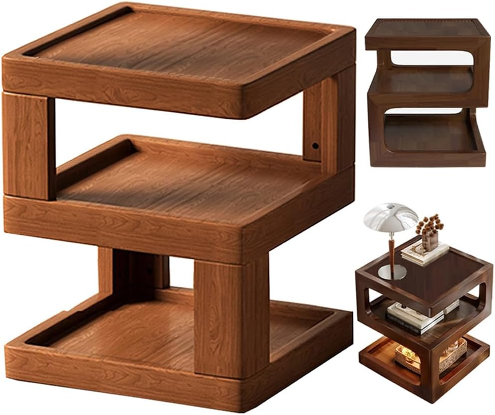 Walnut 3-Tier Solid Wood Nightstand, Modern Open Bedside Side Table 13.7"