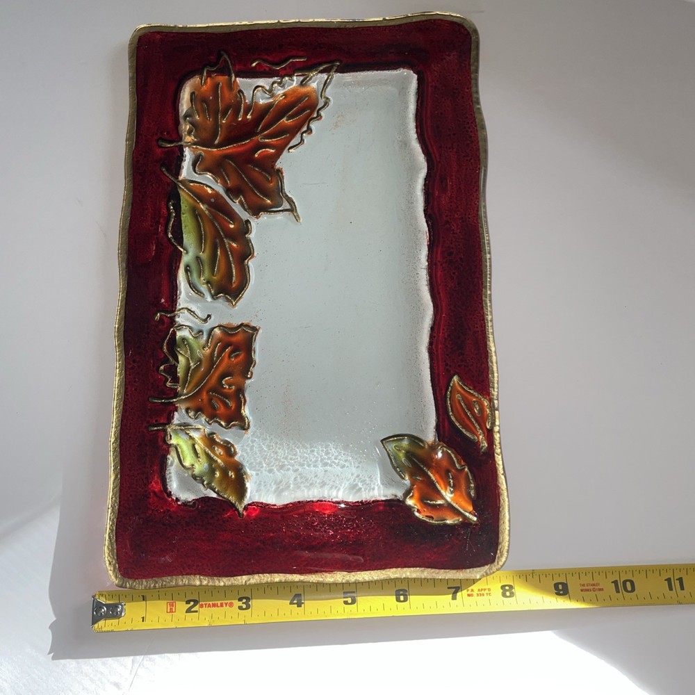 Fused Glass Tray Fall Leaf Pattern Rectangle Red & Brown Tones 12” x 8”