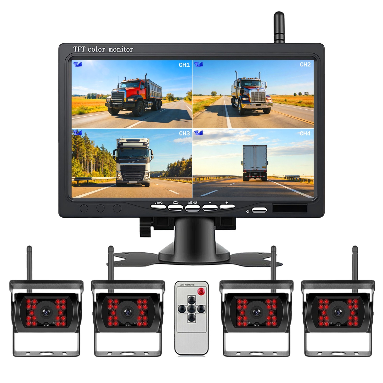 Wireless 7" Truck Quad Monitor 1080P  Backup Camera BSD for Trailer RV SUV Truck