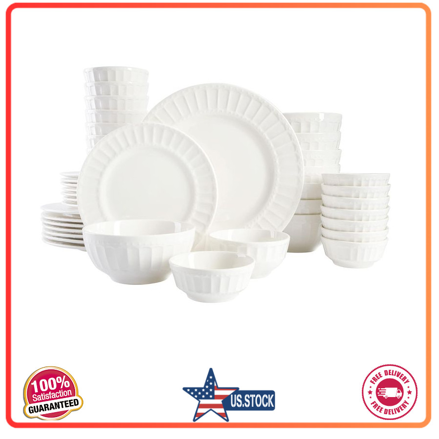 Zen Buffet Porcelain Dinnerware Set, Service for 8 (40pcs), White (Embossed)