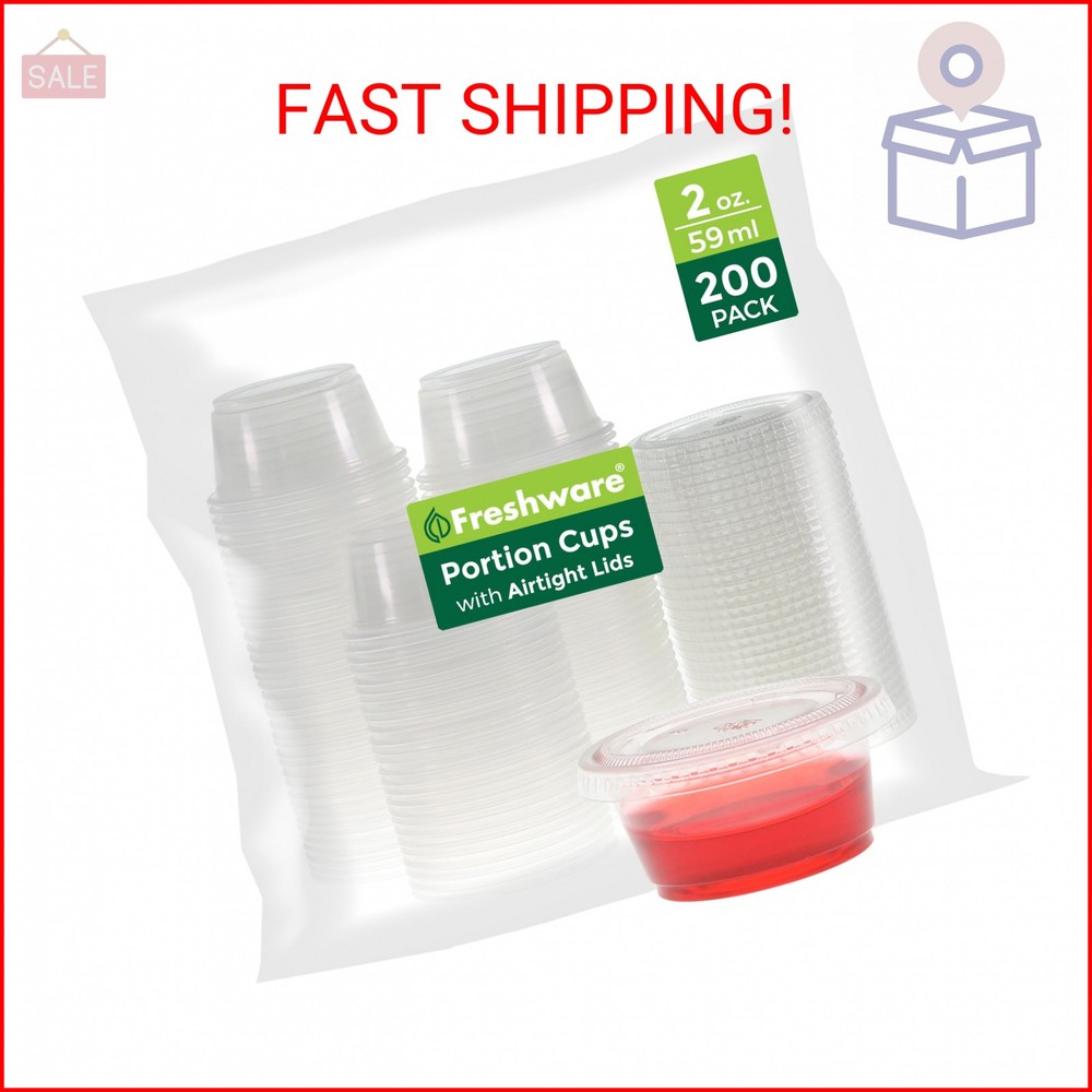 Freshware Plastic Portion Cups with Lids [2 Ounce, 200 Sets] Disposable Plastic