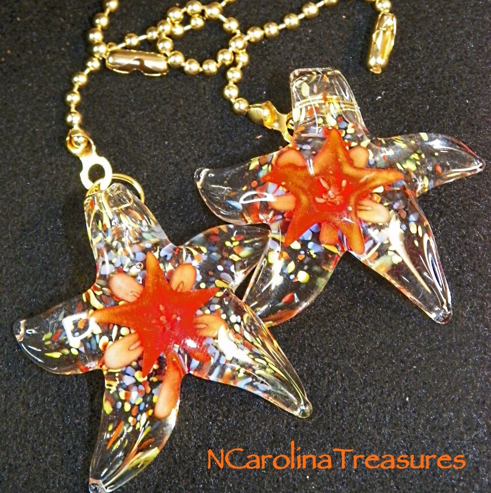 STAR STARFISH RED STARBURST ART GLASS CEILING FAN LIGHT SWITCH PULL LARGE PAIR