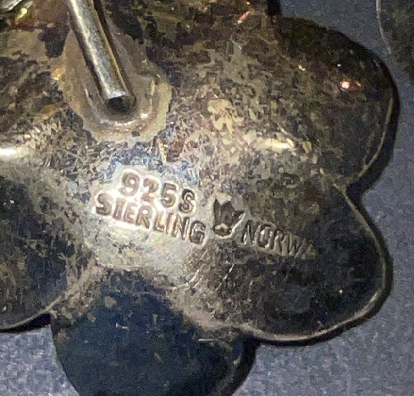 Antique 9253 Sterling Silver Hand-painted Broach And Earrings Norway