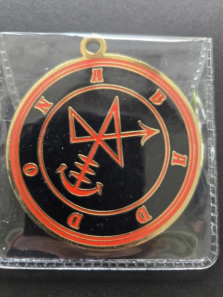 Abaddon medallion in original packaging, 2 inch diameter. Satanic, demonic.