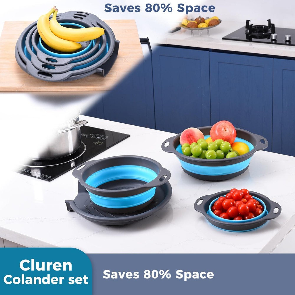 Collapsible Colander Set 3 Pack Foldable Strainers Gray-Blue Space Saving Base