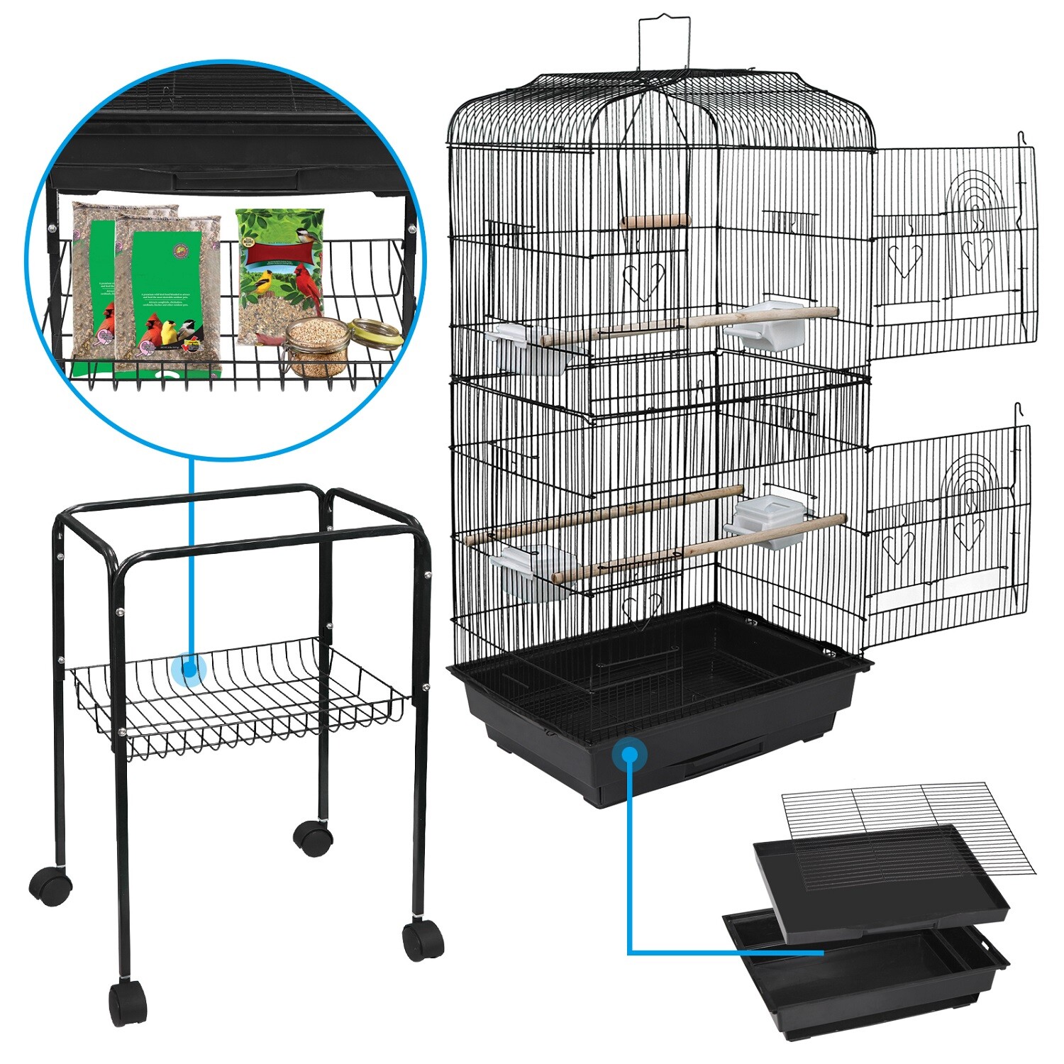 59'' Bird Cage with Rolling Stand Cockatiel Parakeet Finch Parrot Birdcage Black