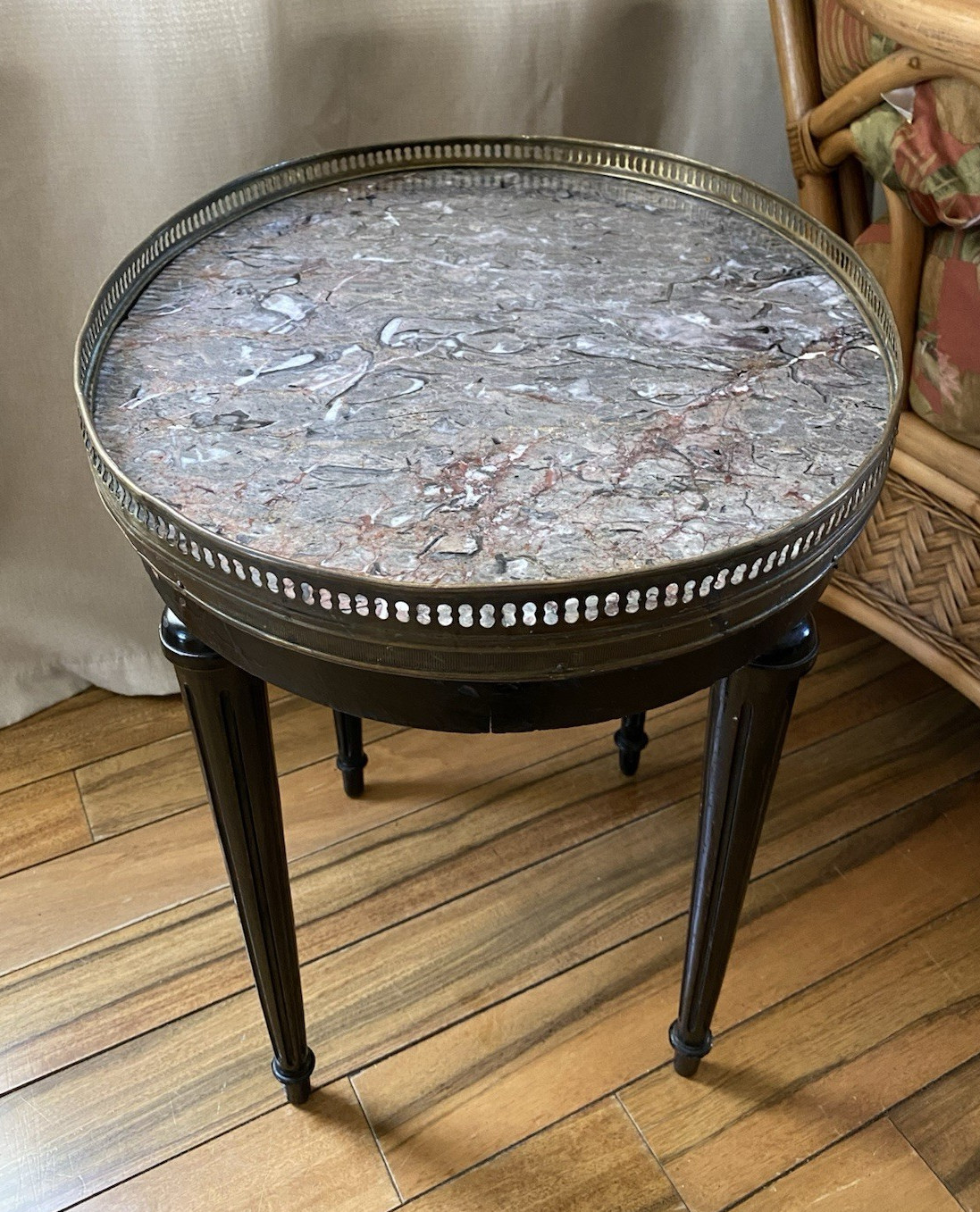 FRENCH Louis XVI Style Small Bouillotte Marble Top And Brass Edge Side Table