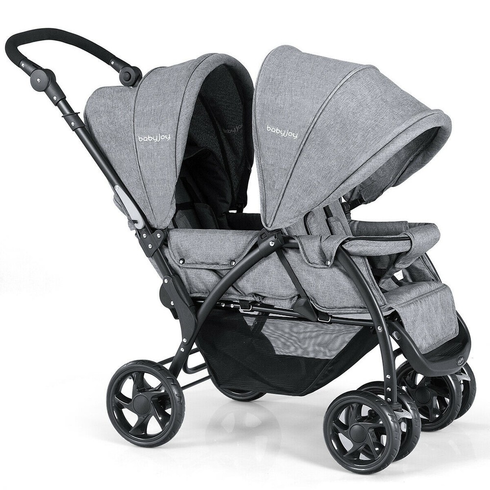Foldable Double Baby Stroller Stand On Front & Back Seats Pushchair Gray