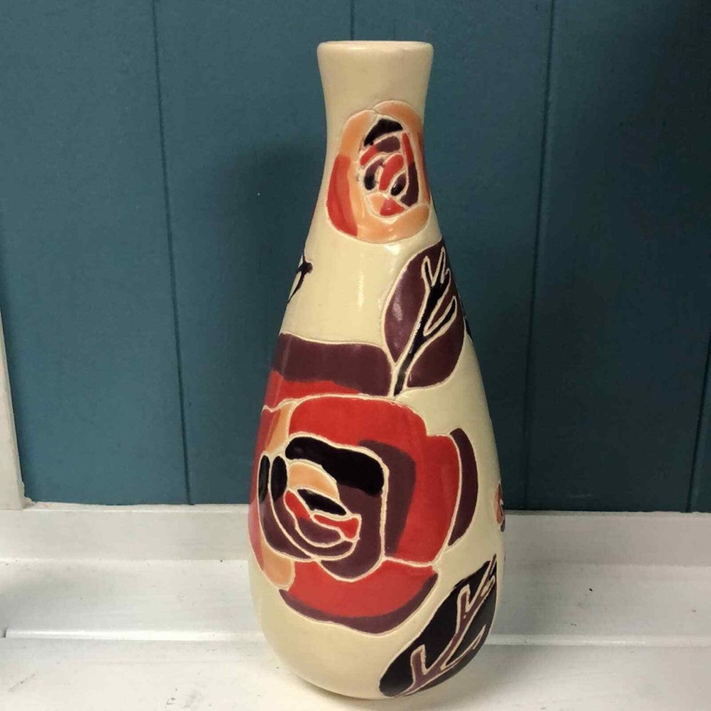 Ceramic Engraved Full abstract Rose Leaf Bud Pattern-Stained Enamel 11” Vase