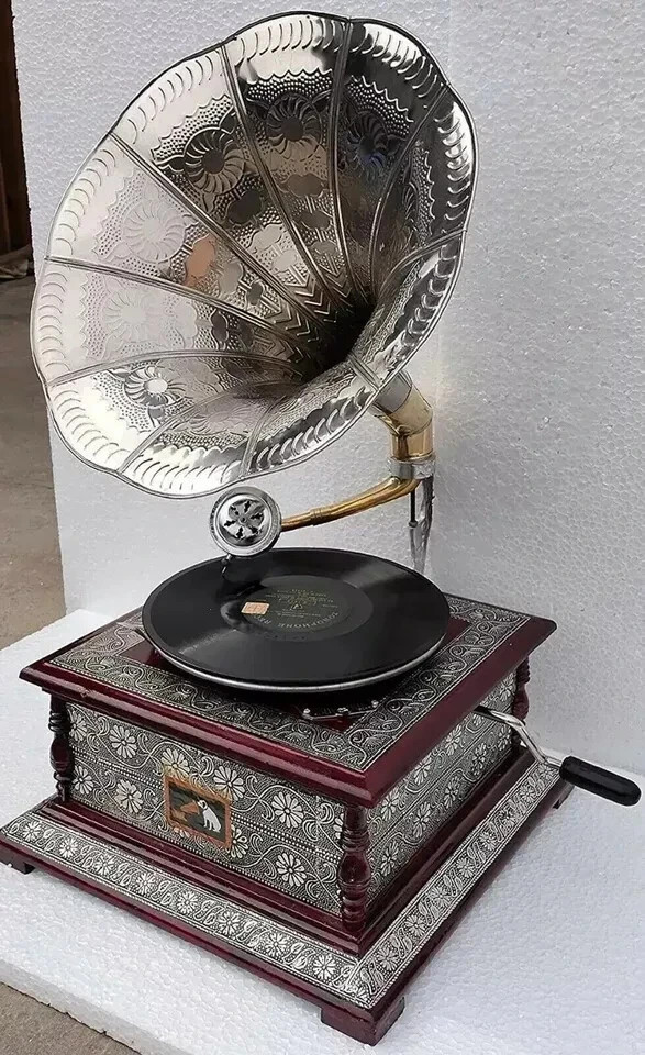 Silver Gramophone HMV Fully Functional working Phonograph win-up record player