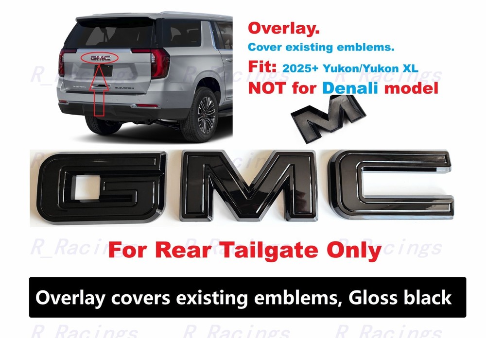 OVERLAY Gloss Black Rear Tailgate GMC Emblem 2025+ Yukon Yukon XL AT4 Elevation