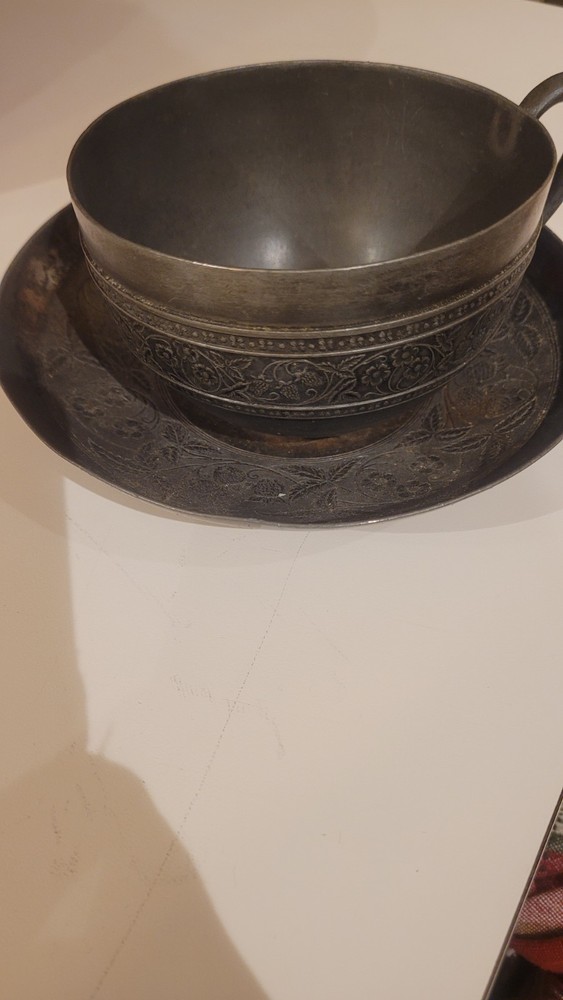 Vintage James W Tufts MUSTACHE CUP & SAUCER Quadruple Plate 1353 Boston antique