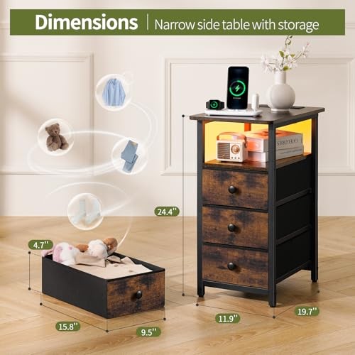 End Table with Charging Station, LED Narrow Side Table 3-Drawers Rustic Brown