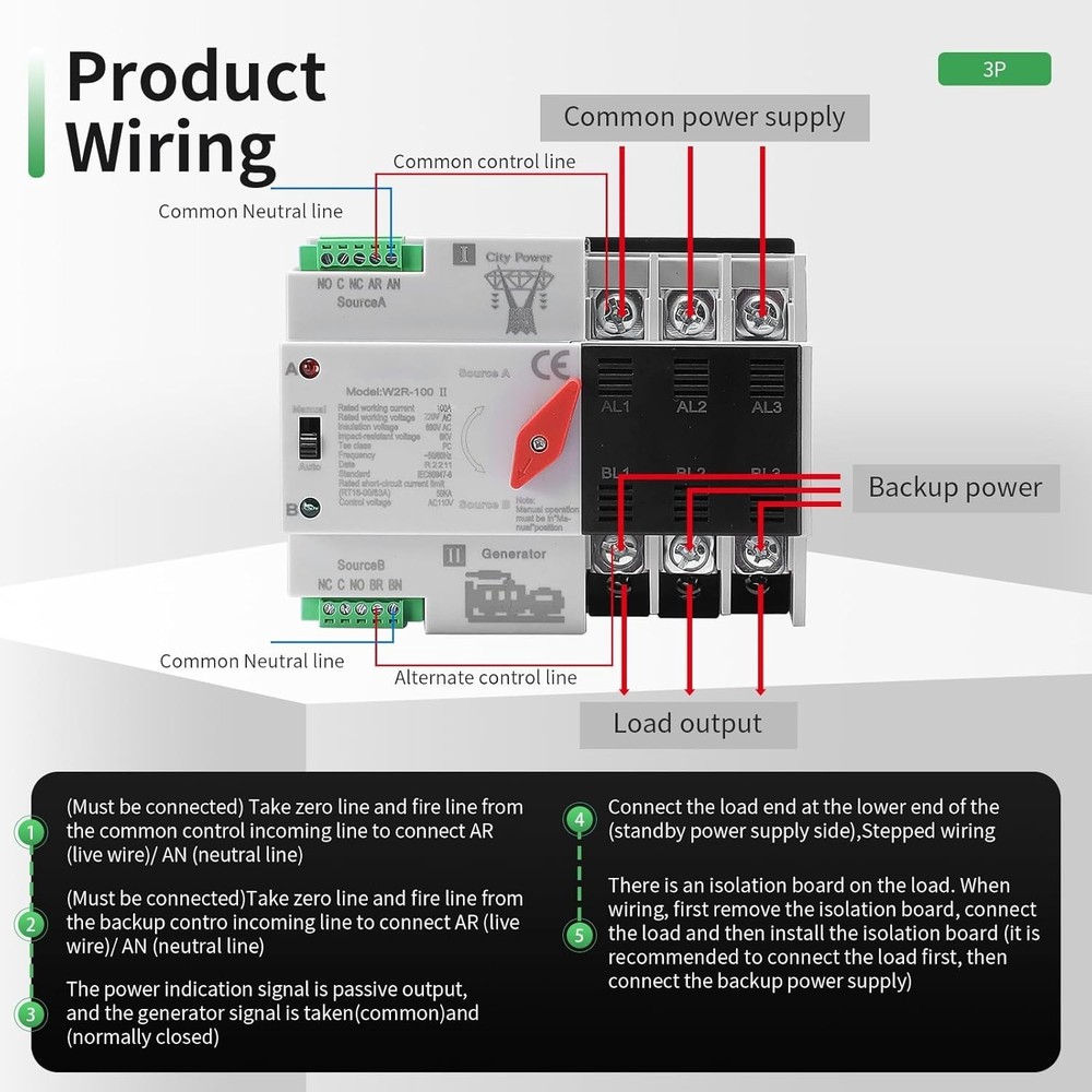 3-Pole 100A Auto/Manual Transfer Switch - Durable & Versatile Power Management