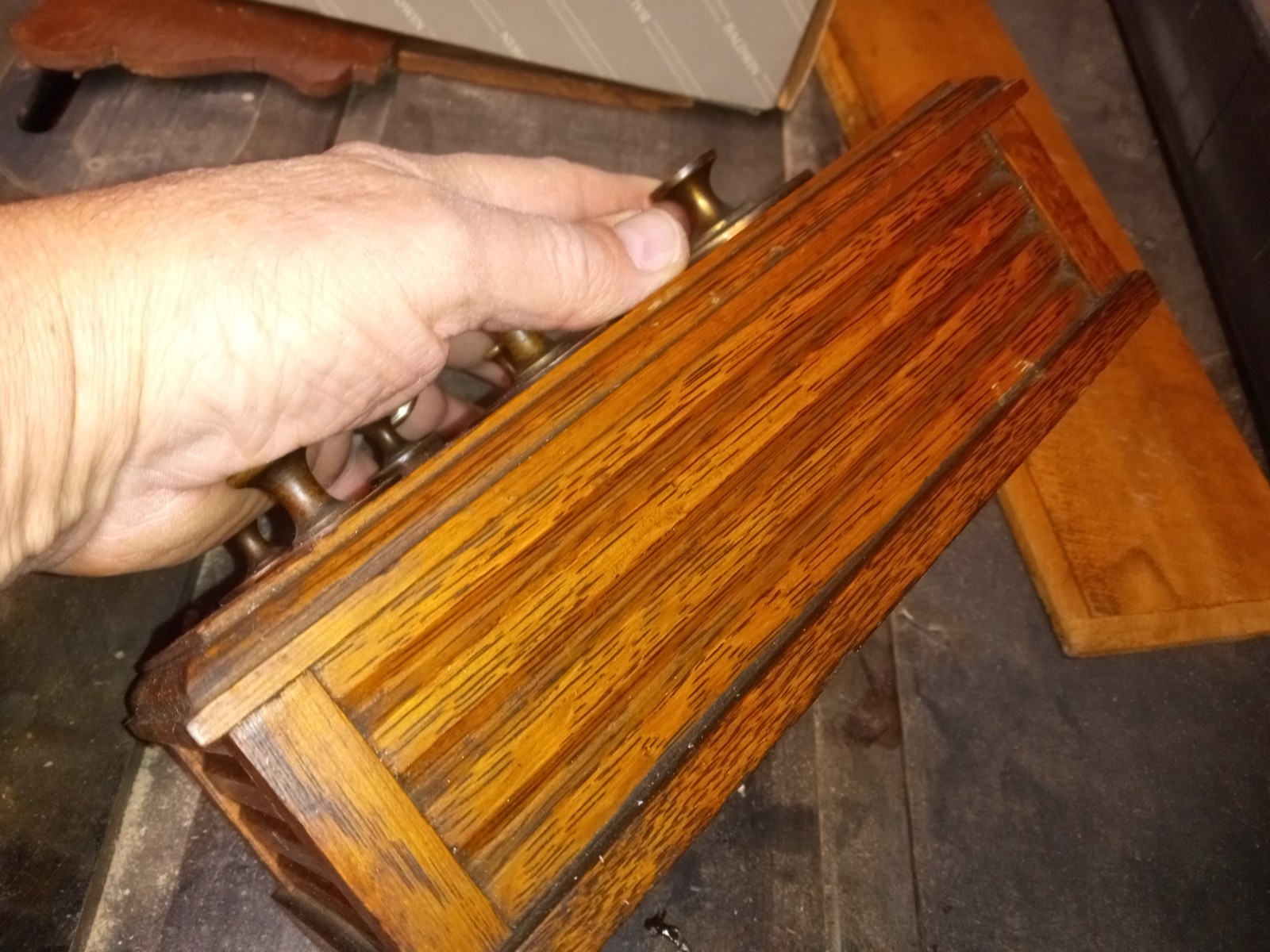antique 8 Pc Scale Weight Calibration Brass Set in oak container