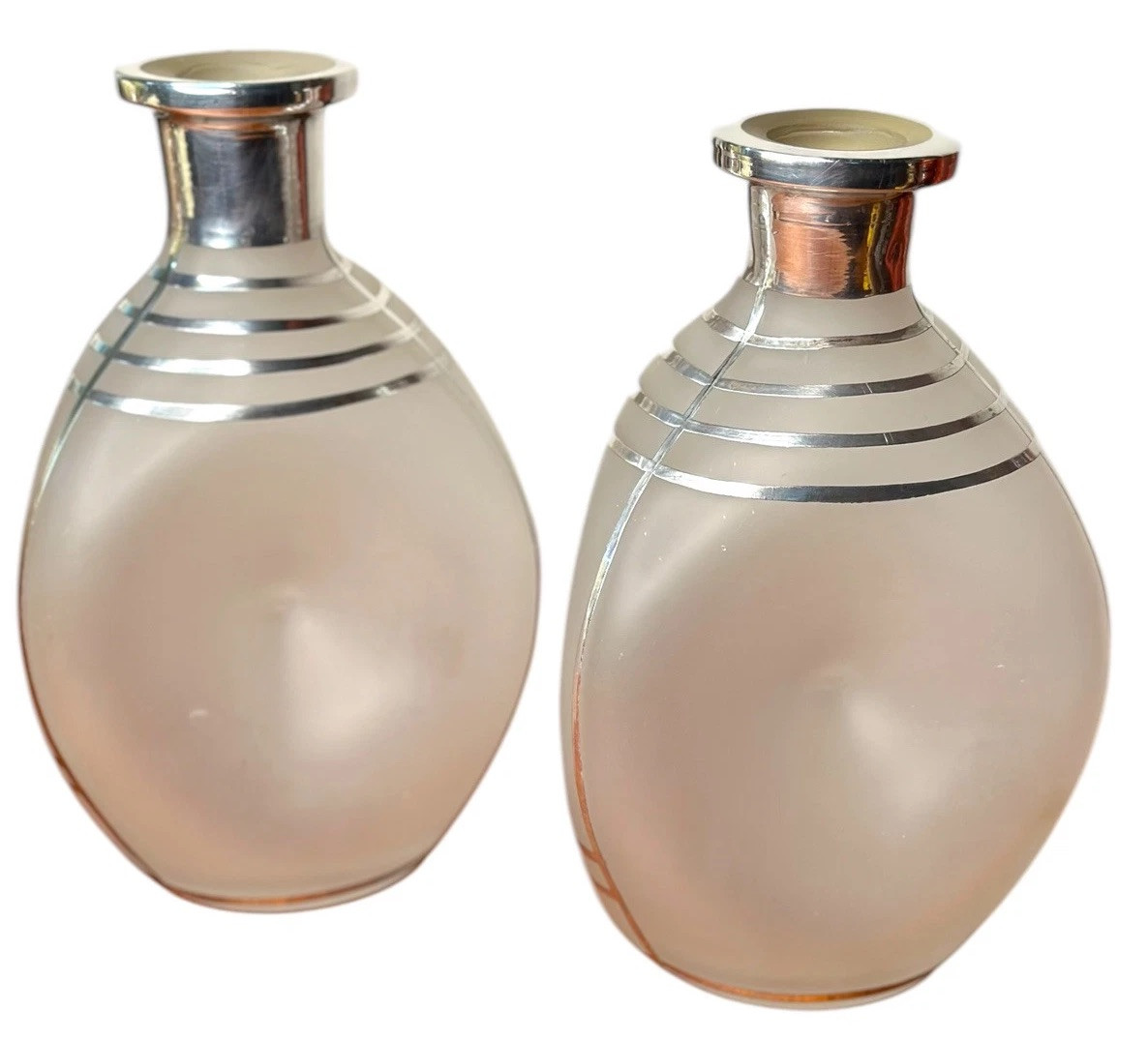 Art Deco Decanters Sterling Silver Overlay Gin Scotch Pair Pinch Bottle Barware