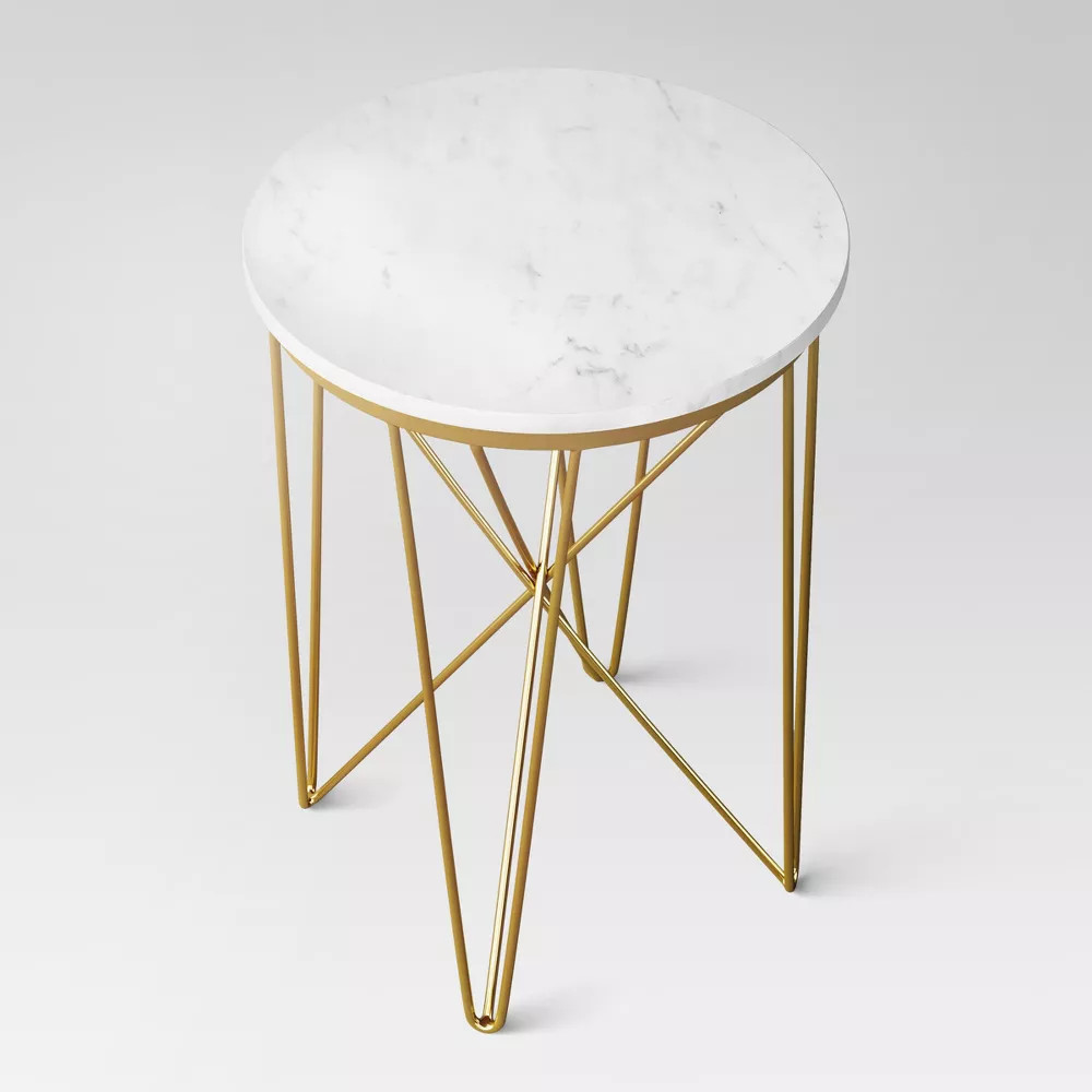 Threshold End Table Marble Round Narrow Crisscross Legs Mid-Century Modern Gold