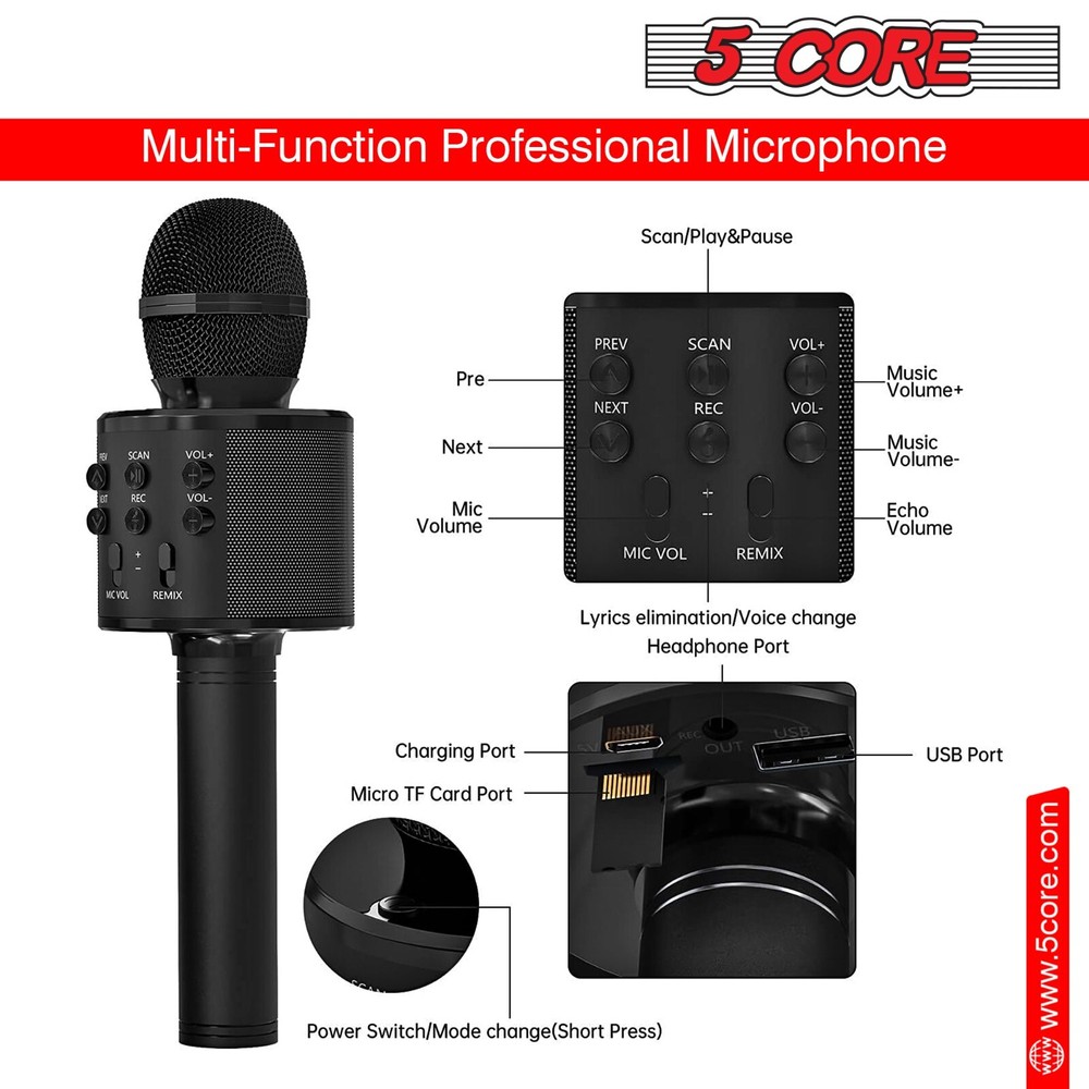 5Core Wireless Karaoke Microphone Bluetooth Mic Portable Handheld Microfonos
